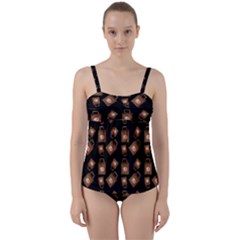 Shopping Bag Pattern Black Twist Front Tankini Set