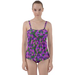 Retro Pink Purple Geometric Pattern Twist Front Tankini Set