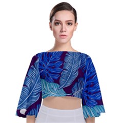Tropical Blue Leaves Tie Back Butterfly Sleeve Chiffon Top