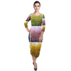 Goldenrod Collage Quarter Sleeve Midi Velour Bodycon Dress by okhismakingart