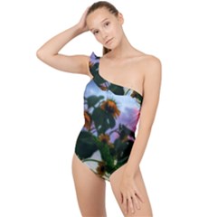 Sunflowers And Wild Weeds Frilly One Shoulder Swimsuit by okhismakingart
