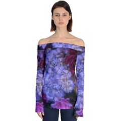 Hydrangea Arrangement Ii (blue Tint) Off Shoulder Long Sleeve Top by okhismakingart