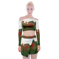 Red Weeds Off Shoulder Top With Mini Skirt Set by okhismakingart