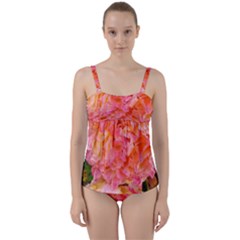 Folded Pink And Orange Rose Twist Front Tankini Set by okhismakingart