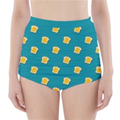 Toast With Cheese Pattern Turquoise Green Background Retro Funny Food High-waisted Bikini Bottoms by genx