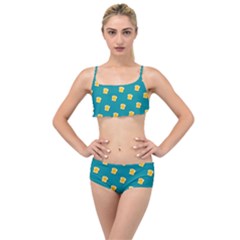 Toast With Cheese Pattern Turquoise Green Background Retro Funny Food Layered Top Bikini Set by genx