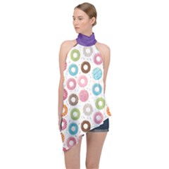 Donut Pattern With Funny Candies Halter Asymmetric Satin Top by genx