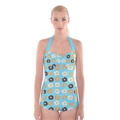 Donuts Pattern With Bites Bright Pastel Blue And Brown Boyleg Halter Swimsuit  by genx