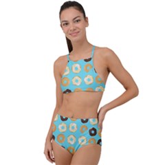 Donuts Pattern With Bites Bright Pastel Blue And Brown High Waist Tankini Set by genx