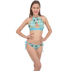 Donuts Pattern With Bites Bright Pastel Blue And Brown Cross Front Halter Bikini Set by genx