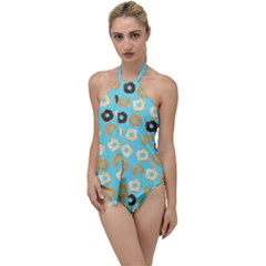Donuts Pattern With Bites Bright Pastel Blue And Brown Go With The Flow One Piece Swimsuit by genx