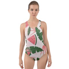 Tropical Watermelon Leaves Pink And Green Jungle Leaves Retro Hawaiian Style Cut-out Back One Piece Swimsuit by genx