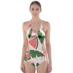 Tropical Watermelon Leaves Pink And Green Jungle Leaves Retro Hawaiian Style Cut-out One Piece Swimsuit by genx
