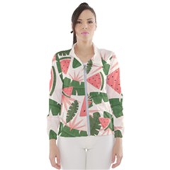 Tropical Watermelon Leaves Pink And Green Jungle Leaves Retro Hawaiian Style Women s Windbreaker by genx