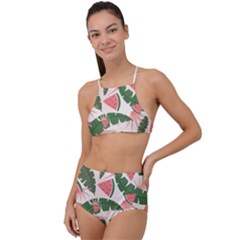 Tropical Watermelon Leaves Pink And Green Jungle Leaves Retro Hawaiian Style High Waist Tankini Set by genx