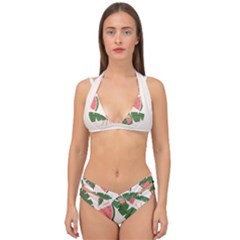 Tropical Watermelon Leaves Pink And Green Jungle Leaves Retro Hawaiian Style Double Strap Halter Bikini Set by genx