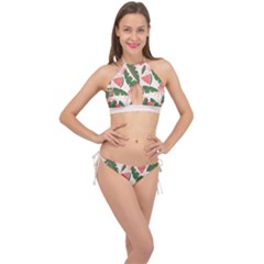Tropical Watermelon Leaves Pink And Green Jungle Leaves Retro Hawaiian Style Cross Front Halter Bikini Set by genx