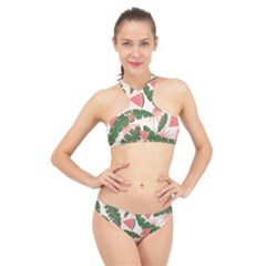 Tropical Watermelon Leaves Pink And Green Jungle Leaves Retro Hawaiian Style High Neck Bikini Set by genx