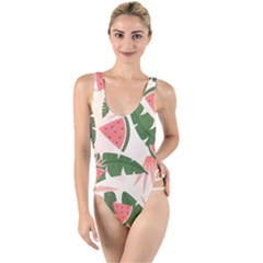 Tropical Watermelon Leaves Pink And Green Jungle Leaves Retro Hawaiian Style High Leg Strappy Swimsuit by genx