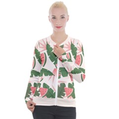 Tropical Watermelon Leaves Pink And Green Jungle Leaves Retro Hawaiian Style Casual Zip Up Jacket by genx