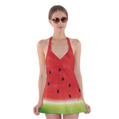 Juicy Paint Texture Watermelon Red And Green Watercolor Halter Dress Swimsuit  by genx