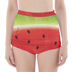 Juicy Paint Texture Watermelon Red And Green Watercolor High-waisted Bikini Bottoms by genx
