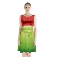 Juicy Paint Texture Watermelon Red And Green Watercolor Sleeveless Waist Tie Chiffon Dress by genx