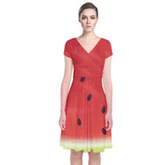 Juicy Paint Texture Watermelon Red And Green Watercolor Short Sleeve Front Wrap Dress by genx