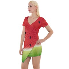 Juicy Paint Texture Watermelon Red And Green Watercolor Short Sleeve Asymmetric Mini Dress by genx