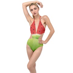 Juicy Paint Texture Watermelon Red And Green Watercolor Plunging Cut Out Swimsuit by genx