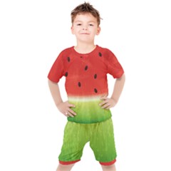 Juicy Paint Texture Watermelon Red And Green Watercolor Kids  Tee And Shorts Set by genx
