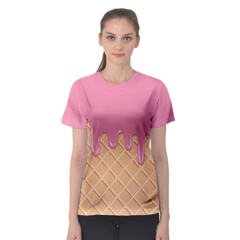 Ice Cream Pink Melting Background With Beige Cone Women s Sport Mesh Tee by genx