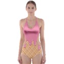 Ice Cream Pink melting background with beige cone Cut-Out One Piece Swimsuit View1
