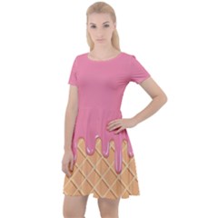 Ice Cream Pink Melting Background With Beige Cone Cap Sleeve Velour Dress  by genx