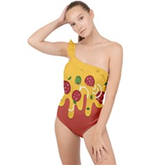 Pizza Topping Funny Modern Yellow Melting Cheese And Pepperonis Frilly One Shoulder Swimsuit by genx