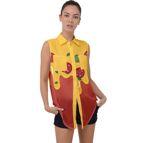 Pizza Topping Funny Modern Yellow Melting Cheese And Pepperonis Sleeveless Chiffon Button Shirt by genx