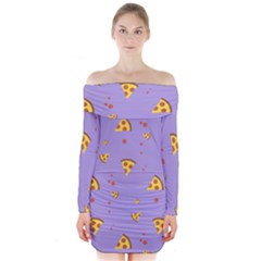 Pizza Pattern Violet Pepperoni Cheese Funny Slices Long Sleeve Off Shoulder Dress by genx