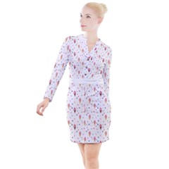 Ice Cream Cones Watercolor With Fruit Berries And Cherries Summer Pattern Button Long Sleeve Dress by genx