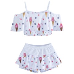 Ice Cream Cones Watercolor With Fruit Berries And Cherries Summer Pattern Kids  Off Shoulder Skirt Bikini by genx