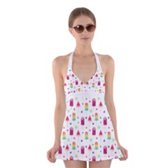Popsicle Juice Watercolor With Fruit Berries And Cherries Summer Pattern Halter Dress Swimsuit  by genx