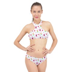 Popsicle Juice Watercolor With Fruit Berries And Cherries Summer Pattern High Neck Bikini Set by genx