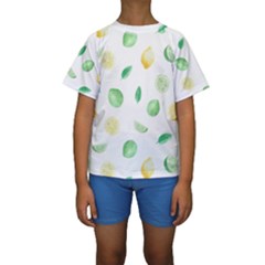 Lemon And Limes Yellow Green Watercolor Fruits With Citrus Leaves Pattern Kids  Short Sleeve Swimwear by genx