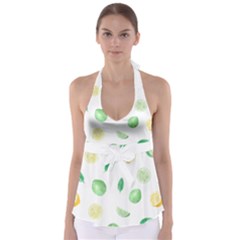 Lemon And Limes Yellow Green Watercolor Fruits With Citrus Leaves Pattern Babydoll Tankini Top by genx