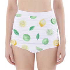 Lemon And Limes Yellow Green Watercolor Fruits With Citrus Leaves Pattern High-waisted Bikini Bottoms by genx