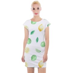 Lemon And Limes Yellow Green Watercolor Fruits With Citrus Leaves Pattern Cap Sleeve Bodycon Dress by genx