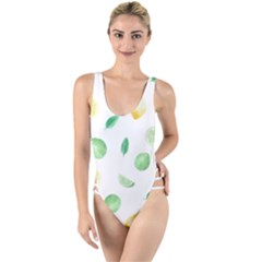 Lemon And Limes Yellow Green Watercolor Fruits With Citrus Leaves Pattern High Leg Strappy Swimsuit by genx