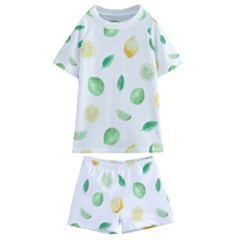 Lemon And Limes Yellow Green Watercolor Fruits With Citrus Leaves Pattern Kids  Swim Tee And Shorts Set by genx
