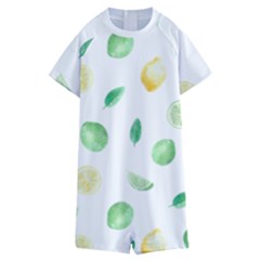 Lemon And Limes Yellow Green Watercolor Fruits With Citrus Leaves Pattern Kids  Boyleg Half Suit Swimwear by genx