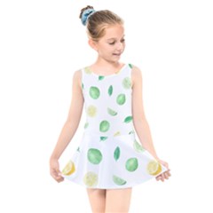 Lemon And Limes Yellow Green Watercolor Fruits With Citrus Leaves Pattern Kids  Skater Dress Swimsuit by genx