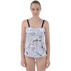 Birds Hand Drawn Outline Black And White Vintage Ink Twist Front Tankini Set by genx